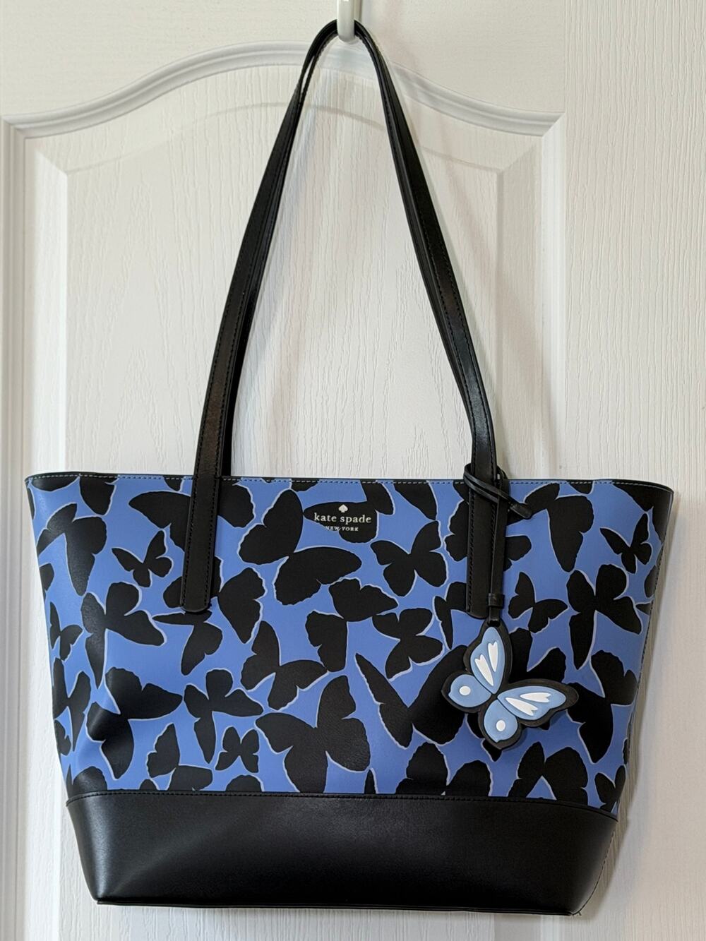 Kate Spade Adley Blue Butterfly Large Tote Shoulder Bag w/ Charm EUC